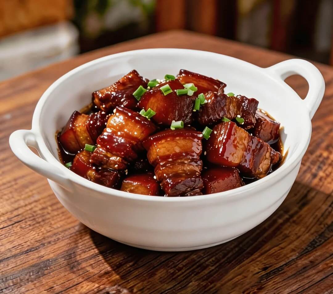 Glossy cubes of Shanghai red-braised pork belly in a white casserole