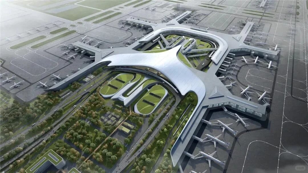 Aerial view of the satellite concourse and terminals at Shanghai Pudong International Airport