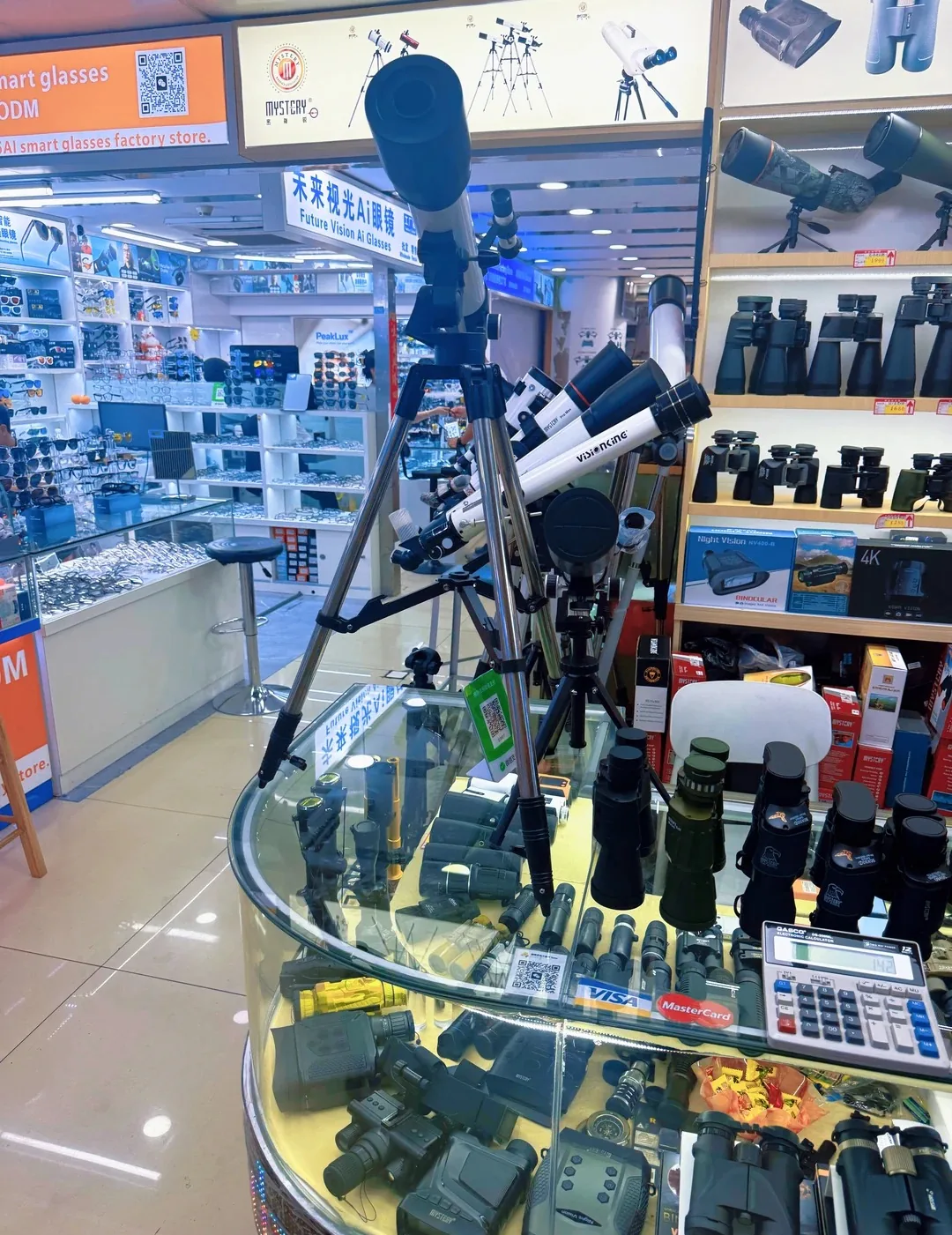 Telescopes and optical equipment in a Huaqiangbei market