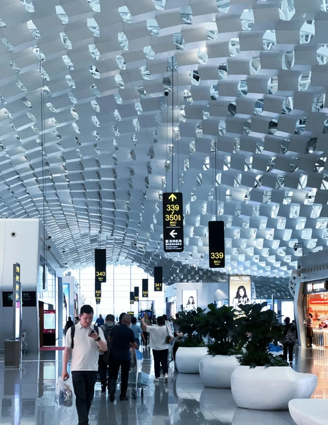 Gate-direction signs beneath the honeycomb ceiling in Shenzhen Airport Terminal 3